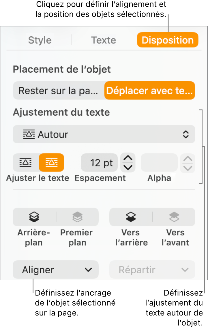 Le menu Format avec la barre latérale Disposition affichée. Les réglages Placement d’objet sont en haut de la barre latérale Disposition, au-dessus des réglages Ajustement du texte.