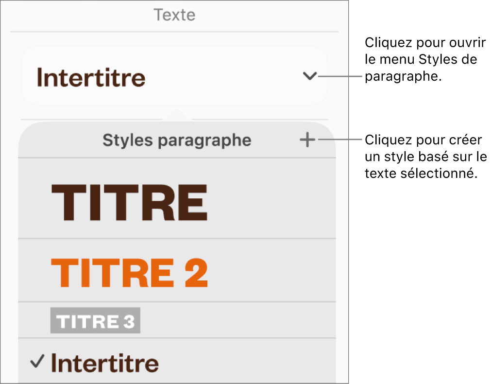 Le menu Styles de paragraphe, affichant des commandes pour ajouter ou modifier un style.