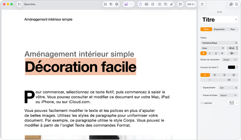 Document ouvert avec la barre latérale Format ouverte et l’onglet texte sélectionné.