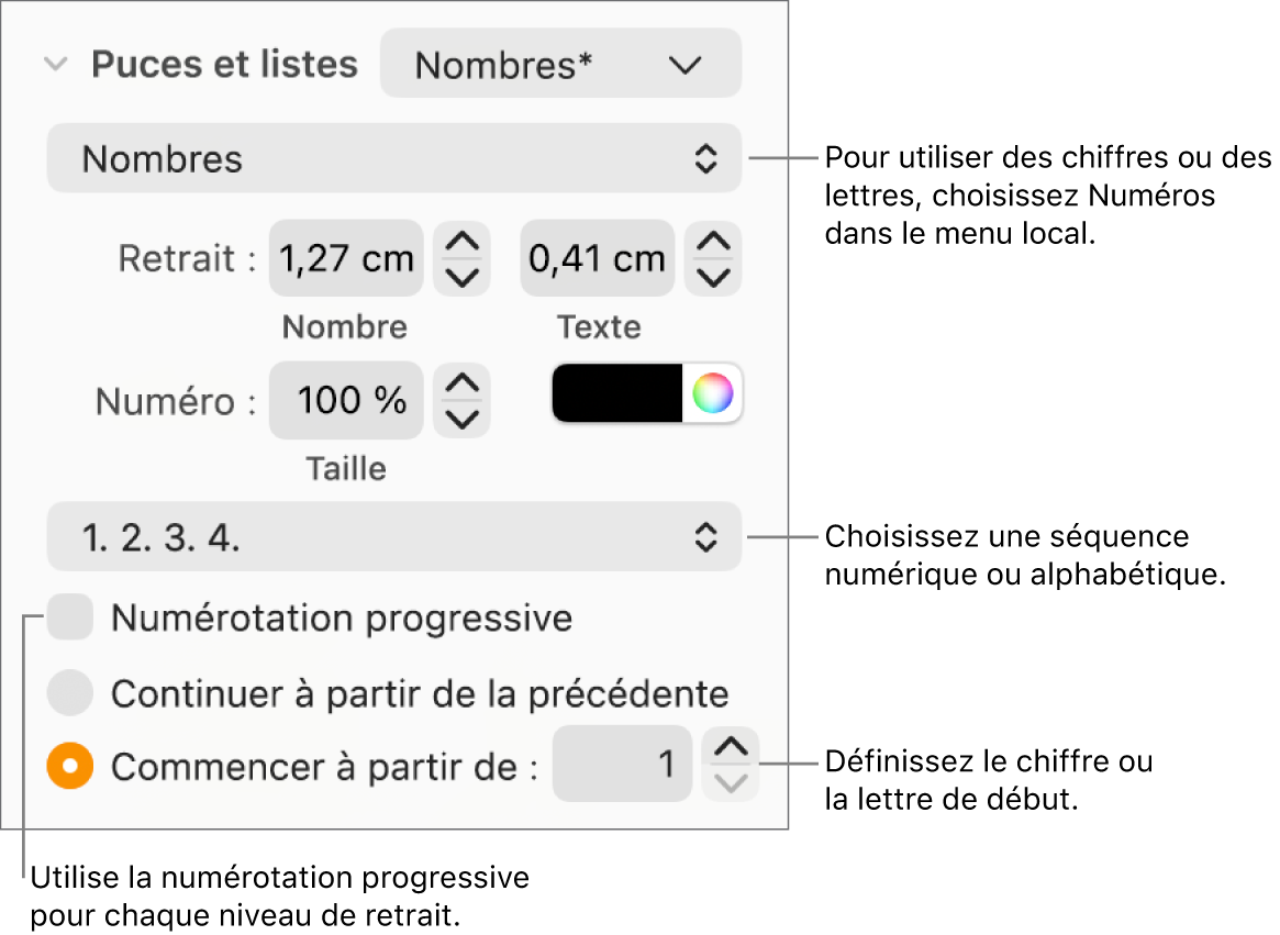 Commandes de modification du style de numérotation et de l’espacement d’une liste.
