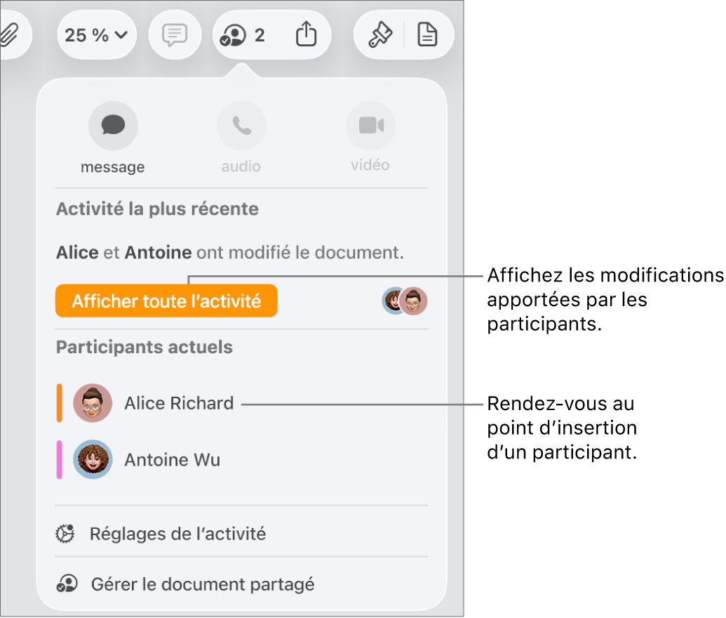 Le menu de collaboration avec deux participants actuels dans la liste.
