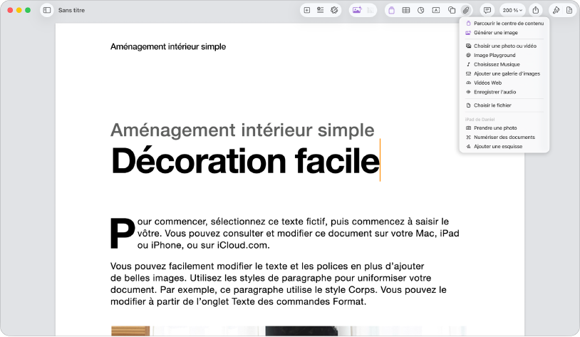 Document ouvert avec le menu Ajouter un contenu multimédia ouvert.