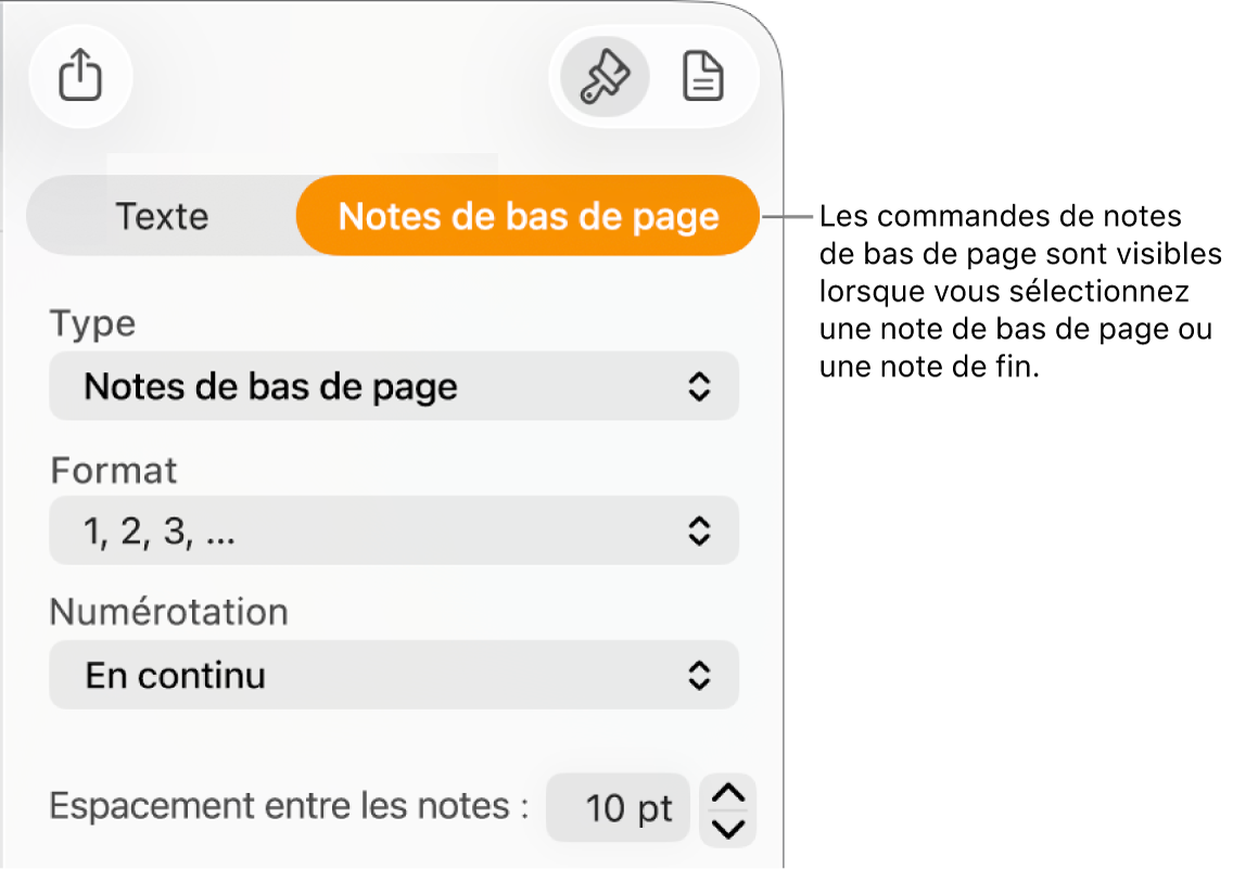 Sous-fenêtre des notes de bas de page affichant les menus contextuels Type, Format, Numérotation et Espace entre notes.