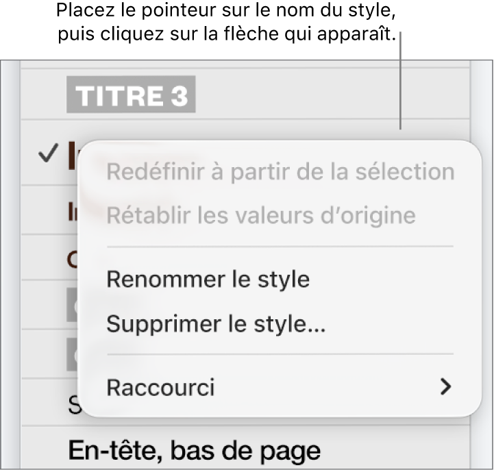 Le menu Styles de paragraphe avec le menu contextuel ouvert.