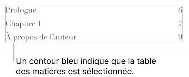 Une table des matières insérée dans un document. Les entrées contiennent les titres et leur numéro de page.