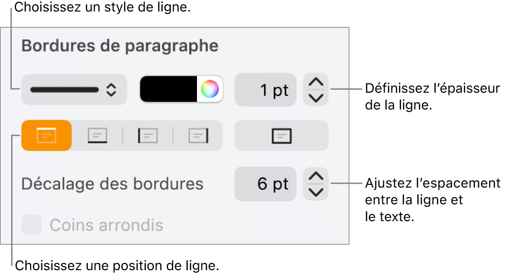 Commandes permettant de modifier le style, l’épaisseur, la position et la couleur de la ligne.