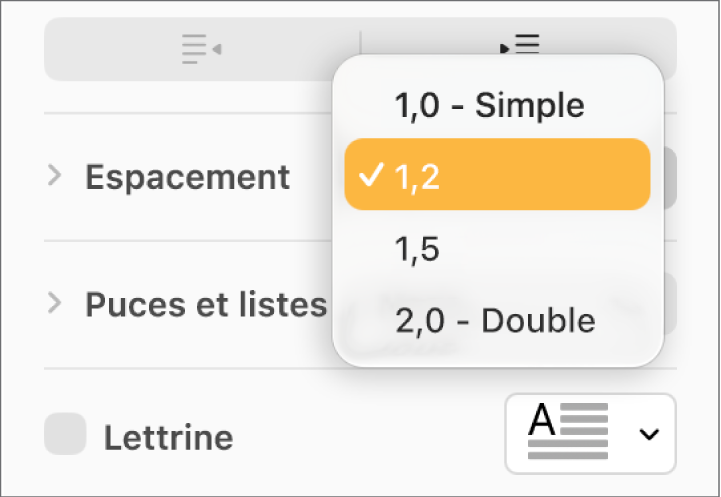 Le menu contextuel Espacement, avec les options Simple, Double et d’autres.