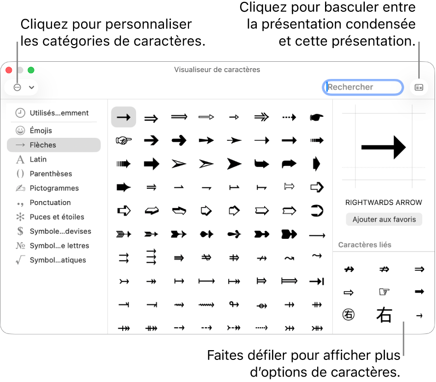 Le visualiseur de caractères étendu affiche les caractères spéciaux et les symboles, un menu pour les différentes catégories de symboles sur la gauche et un bouton dans le coin supérieur droit qui vous permet de revenir à la vue réduite.