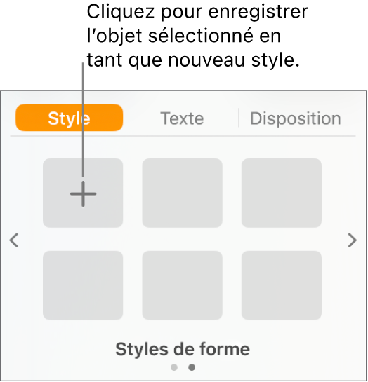 Onglet Style de la barre latérale Format avec bouton « Créer un style » dans le coin supérieur gauche et cinq paramètres fictifs de style vides.