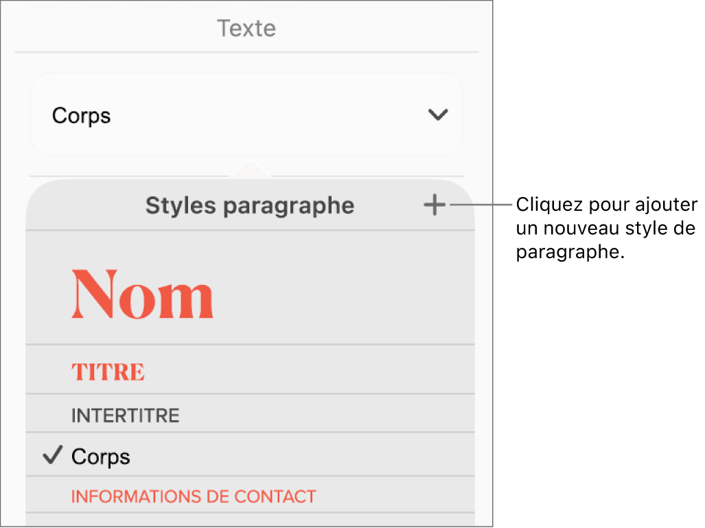 Le menu Styles de paragraphe avec le bouton Nouveau style accompagné d’une légende.