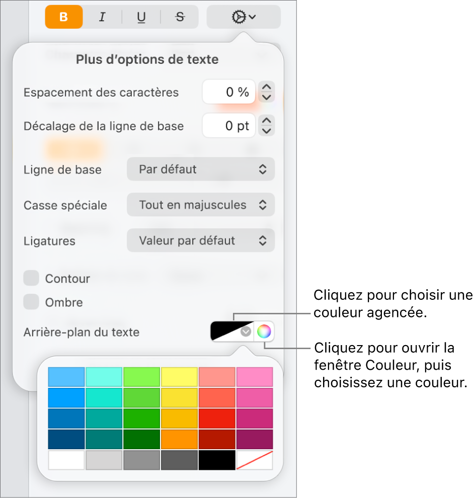 Commandes de sélection d’une couleur d’arrière-plan du texte.