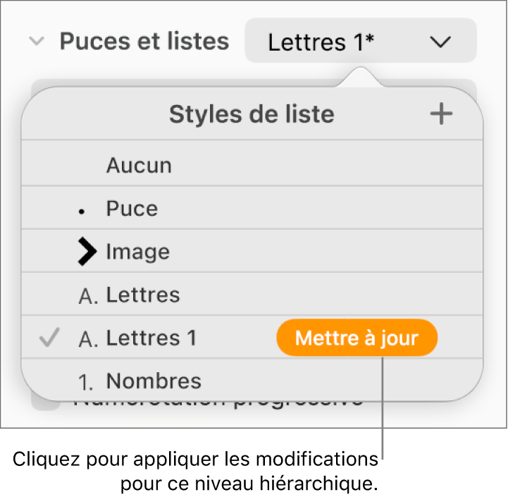 Menu contextuel Styles de liste avec un bouton Mettre à jour situé à côté du nom du nouveau style.