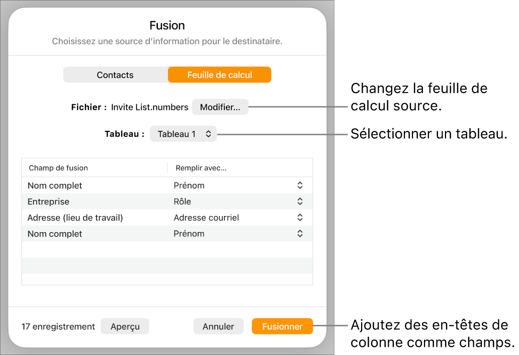 Sous-fenêtre Obtenir un aperçu des champs de fusion ouverte, avec options de modifier le fichier ou tableau source. d’obtenir un aperçu des noms de champs de fusion, ou d’ajouter des en-têtes de colonne comme champs.