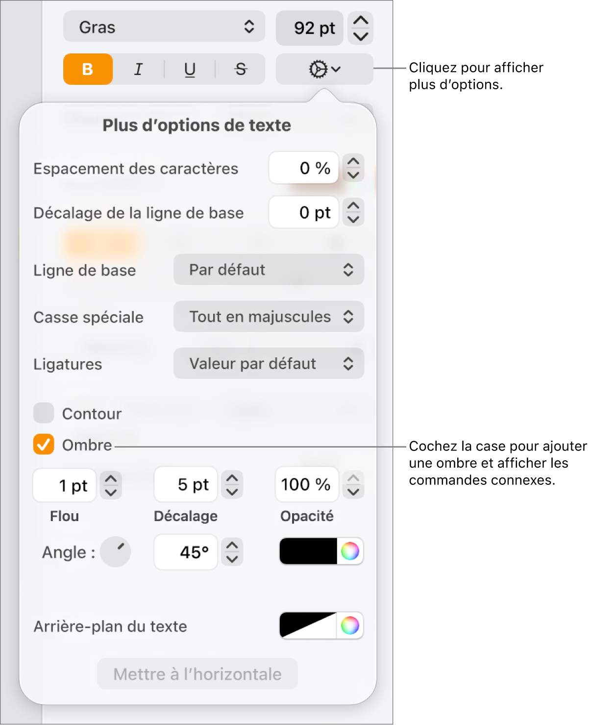 Le menu Options avancées s’ouvre avec la case Ombre sélectionnée et les commandes pour définir les réglages de flou, de décalage, d’opacité, d’angle et de couleur.