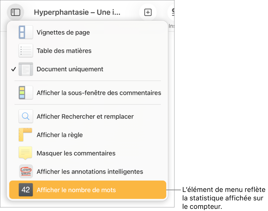 Le menu Présentation s’ouvre avec « Afficher le nombre de caractères » vers le bas.