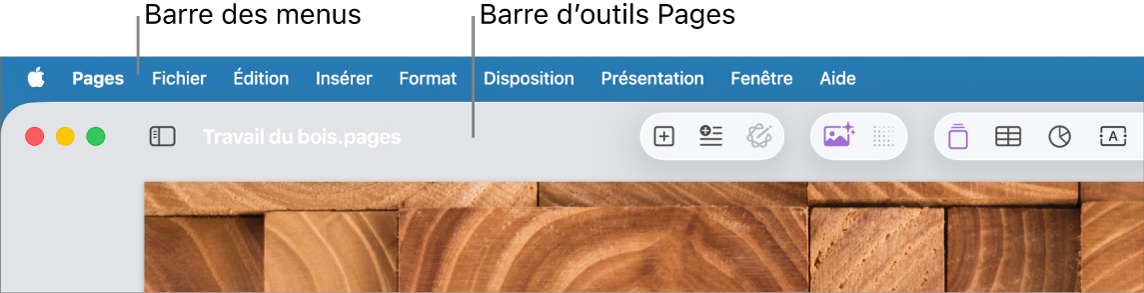 La barre des menus en haut de l’écran avec les menus Pomme, Pages, Fichier, Édition, Insertion, Format, Disposition, Présentation, Partager, Fenêtre et Aide. Sous la barre des menus, un document Pages ouvert avec une barre d’outils supérieure proposant les boutons Présentation, Zoom, Ajouter une page, Insérer, Tableau, Graphique, Texte, Figure, Données multimédias et Commentaire.