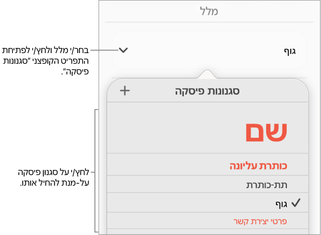 התפריט ״סגנונות פיסקה״.