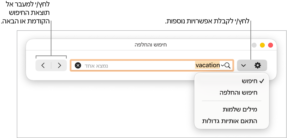 החלון ״חפש והחלף״ עם התפריט הקופצני שמציג את האפשרויות ״חפש״, ״חפש והחלף״, ״מילים שלמות״ ו״התאם אותיות גדולות״. החיצים בצד מאפשרים לך לדלג אל תוצאות החיפוש הקודמות או הבאות.