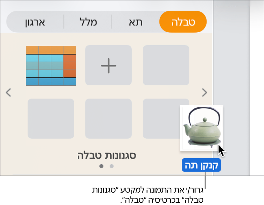 גרירת תמונה לחלונית סגנונות הטבלה כדי ליצור סגנון חדש.