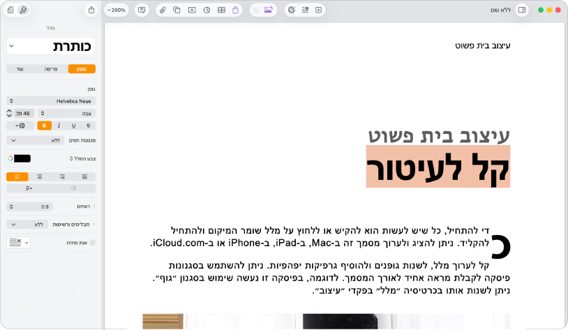סרגל הצד ״עיצוב״ פתוח במסמך שבו הכרטיסיה ״מלל״ נבחרה.