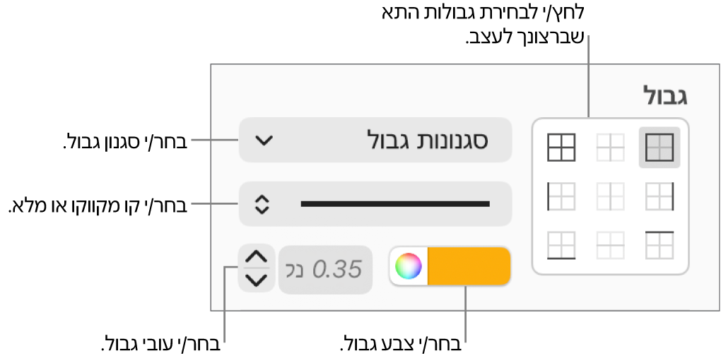 כלי בקרה להגדרת סגנון עבור גבולות תאים.