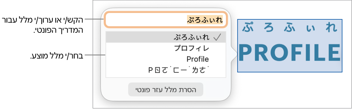 המדריך הפונטי פתוח עבור מילה, עם הסברים לגבי שדה המלל והמלל המוצע.