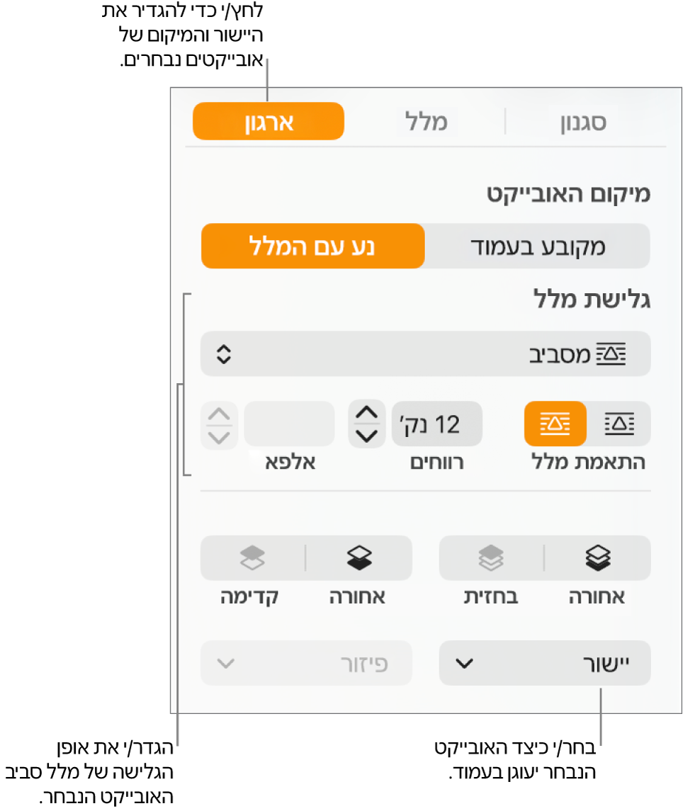 תפריט ״עיצוב״ עם סרגל הצד ״ארגן״ מוצג. ההגדרות של ״מיקום אובייקט״ מוצגות בראש סרגל הצד ״ארגן״ וההגדרות של ״גלישת מלל״ מתחת.
