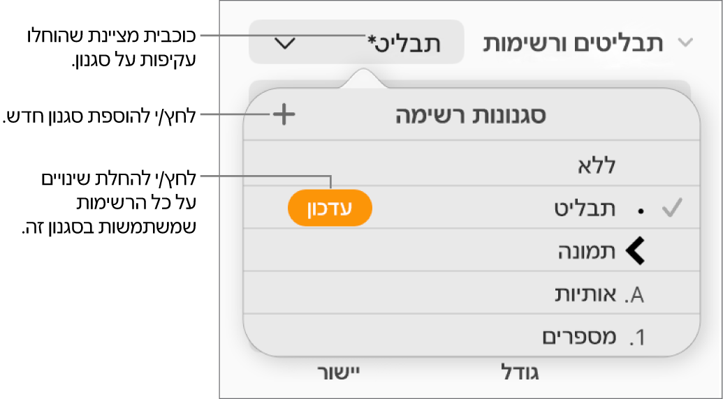 התפריט הקופצני ״סגנונות רשימה״ עם כוכבית המציינת החלפה, הסבר לכפתור ״סגנון חדש״ ותפריט משנה עם אפשרויות לניהול סגנונות.