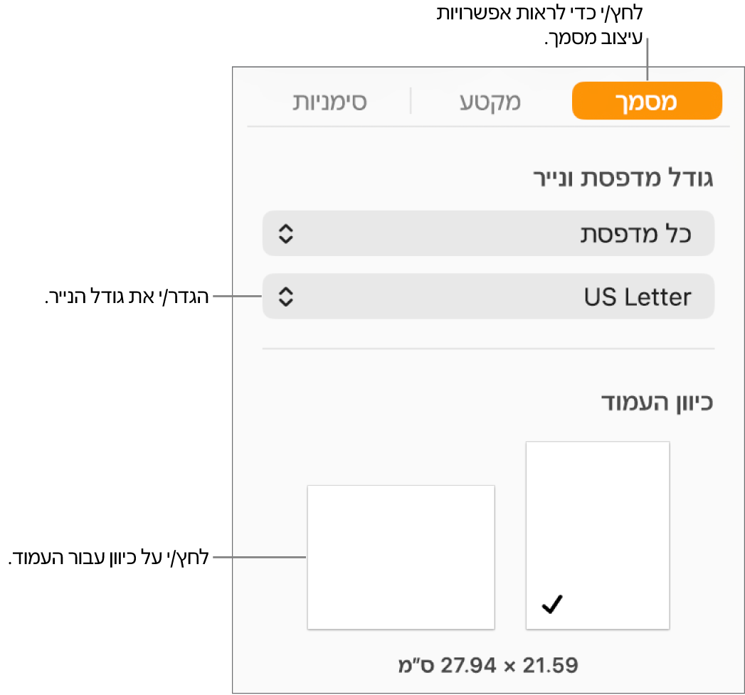 סרגל הצד ״מסמך״ כשהכרטיסייה ״מסמך״ בחלק העליון של סרגל הצד נבחרה. בסרגל הצד יש תפריט קופצני להגדרת גודל הנייר וכפתורים לכיווני עמוד לאורך ולרוחב.