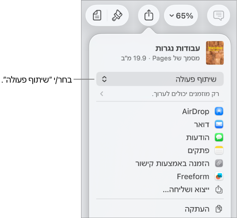 תפריט השיתוף כאשר האפשרות ״שיתוף פעולה״ נבחרת בחלק העליון ומתחתיה הגדרות הגישה וההרשאות.