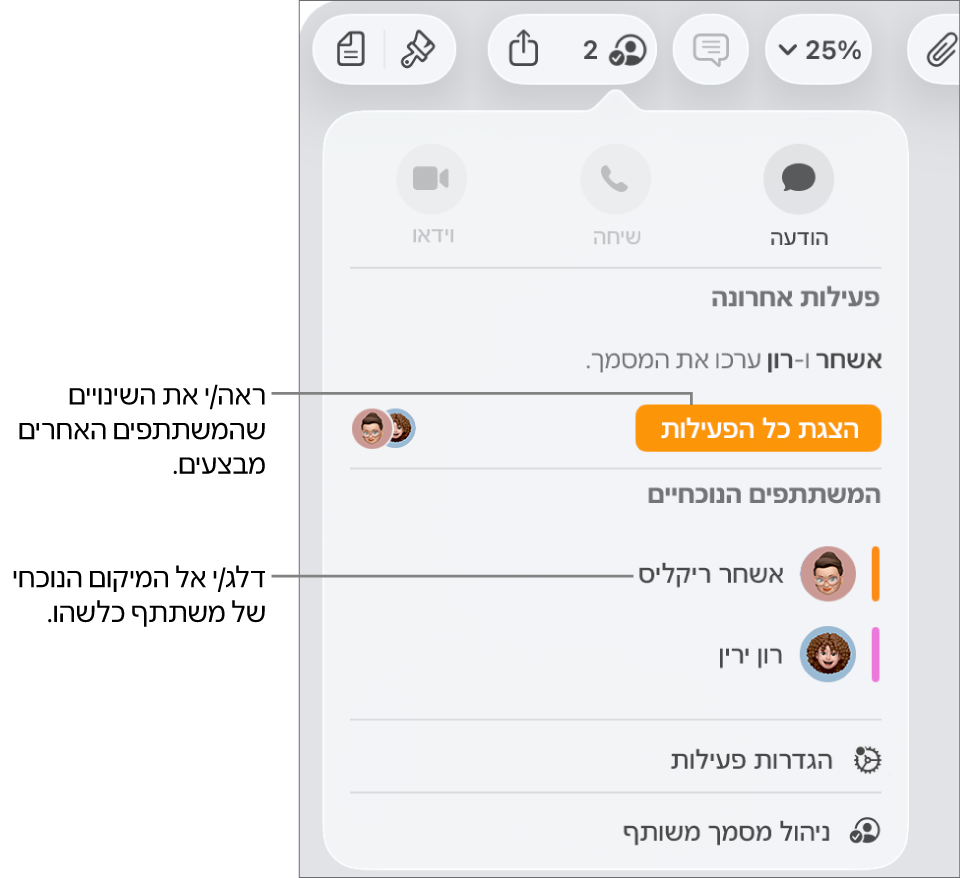 תפריט ״שיתוף פעולה״ שרואים בו שני משתתפים פעילים כעת.