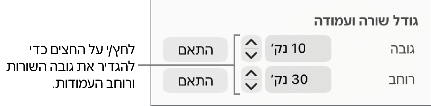 כלי הבקרה לקביעת גודל מדויק עבור שורות ועמודות.