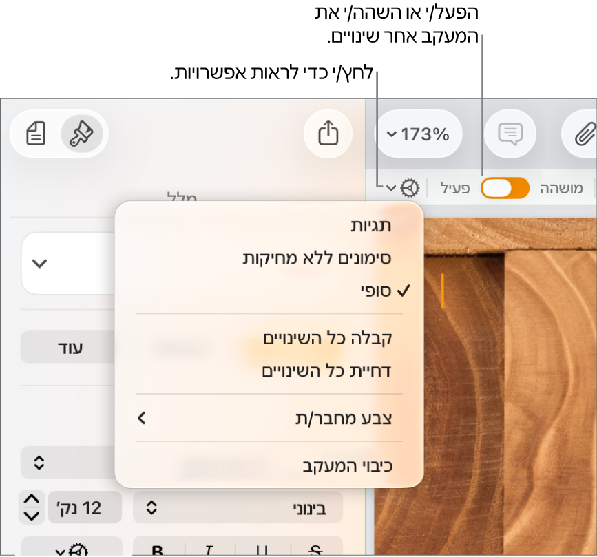 תפריט אפשרויות המעקב מציג את ״בטל מעקב״ למטה, והסברים לגבי הכפתורים ״מעקב פעיל״ ומעקב מושהה״.