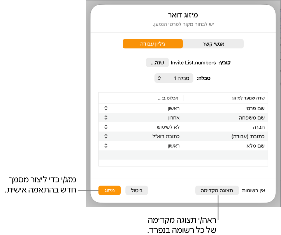 החלונית ״מיזוג דואר״ פתוחה ומציגה אפשרויות לשינוי קובץ המקור או טבלת המקור, להצגת השמות או הרשומות הספציפיות של שדות המיזוג בתצוגה מקדימה או למיזוג המסמך.