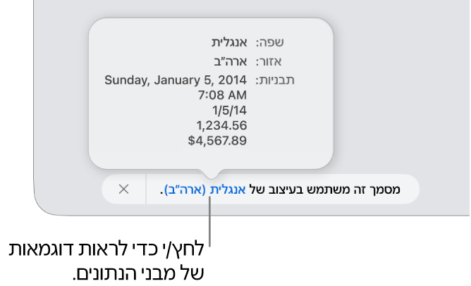 ההודעה לגבי הגדרת השפה והעיצוב השונים, עם דוגמאות של העיצוב בשפה זו ובאזור זה.