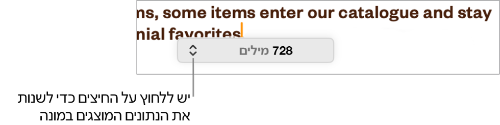 התפריט של ספירת מילים מציג את מספר המילים במסמך.