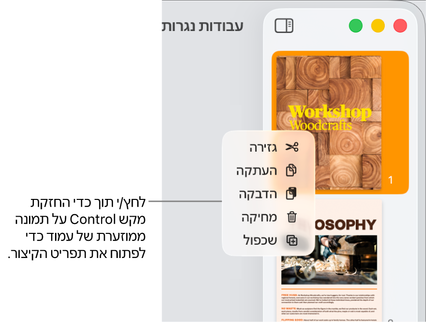התצוגה ״תמונות ממוזערות של עמודים״ עם תמונה ממוזערת אחת נבחרת ותפריט הקיצור פתוח.