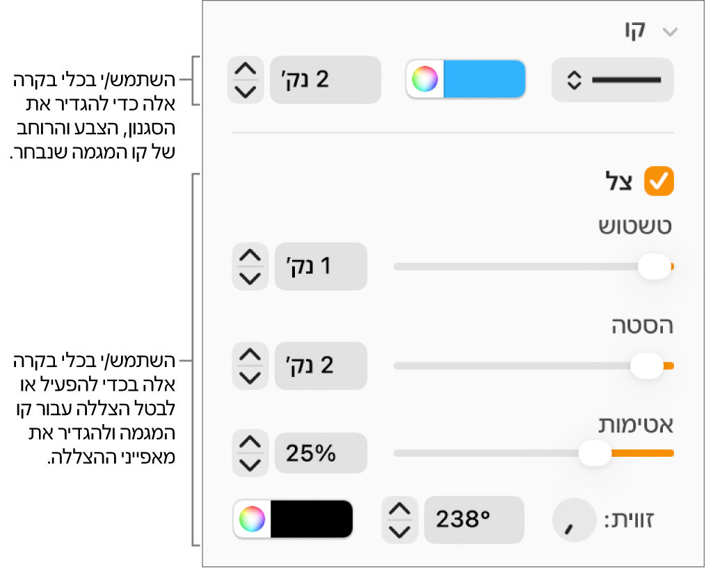 כלי הבקרה בסרגל הצד המיועדים לשינוי המראה של קווי מגמה.