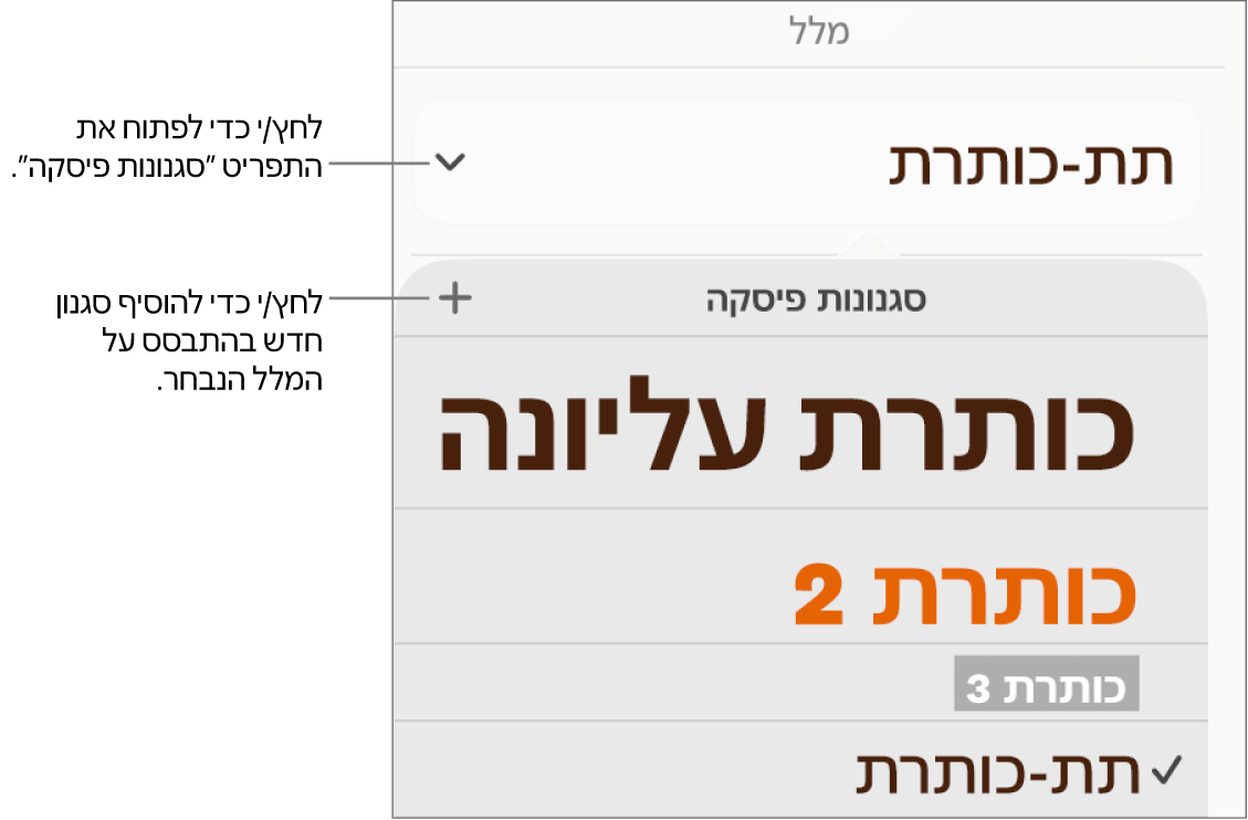 התפריט ״סגנונות פיסקה״, מציג כלי בקרה להוספה או שינוי של סגנון.