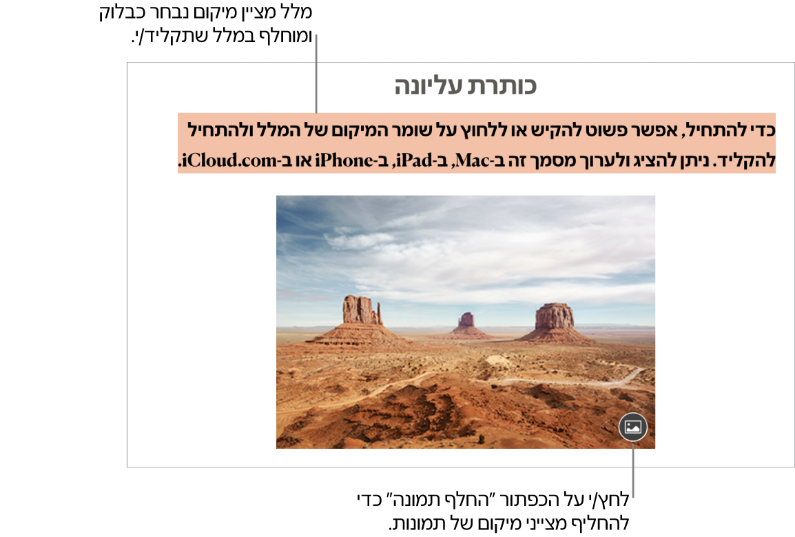 מצייני מיקום עבור מלל ותמונות.