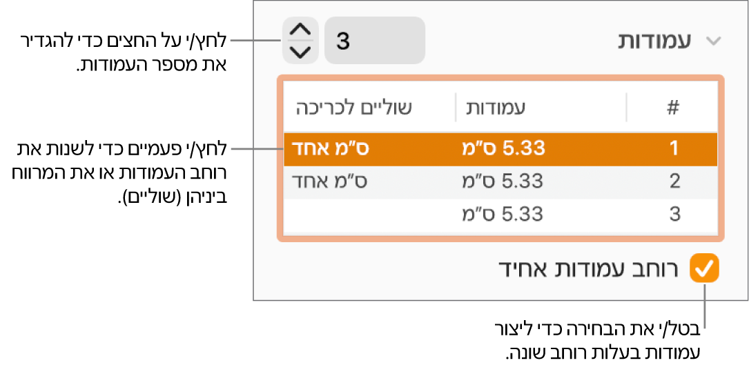 החלונית ״פריסה״ בסוקר ״עיצוב״, המציגה פקדי עמודות.