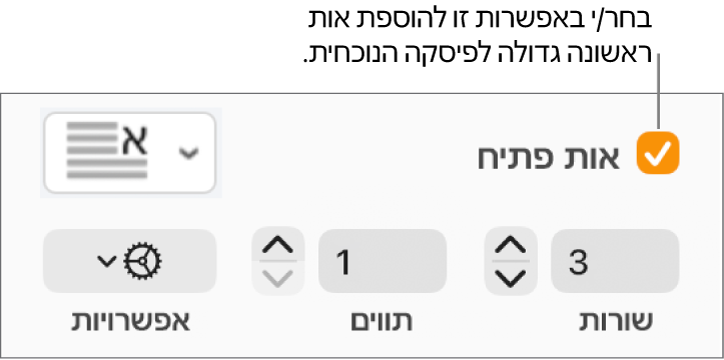 תיבת הסימון ״אות פתיח״ נבחרת, ותפריט קופצני מופיע משמאל; מתחת לתפריט, מופיעים כלי בקרה להגדרת גובה השורה, מספר התווים ואפשרויות נוספות.