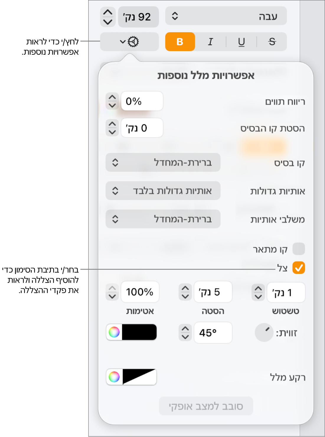 התפריט ״אפשרויות מתקדמות״ פתוח, כאשר תיבת הסימון ״צללים״ נבחרת ומוצגים כלי בקרה להגדרת טשטוש, היסט, אטימות, זווית וצבע.