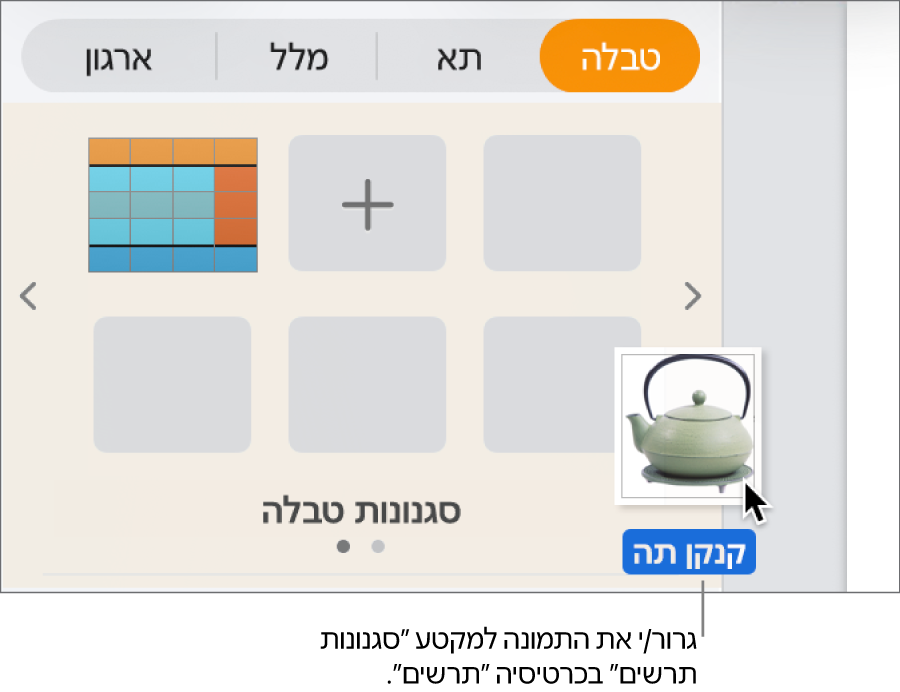 גרירת תמונה אל אזור סגנונות התרשים בסרגל הצד כדי ליצור סגנון חדש.