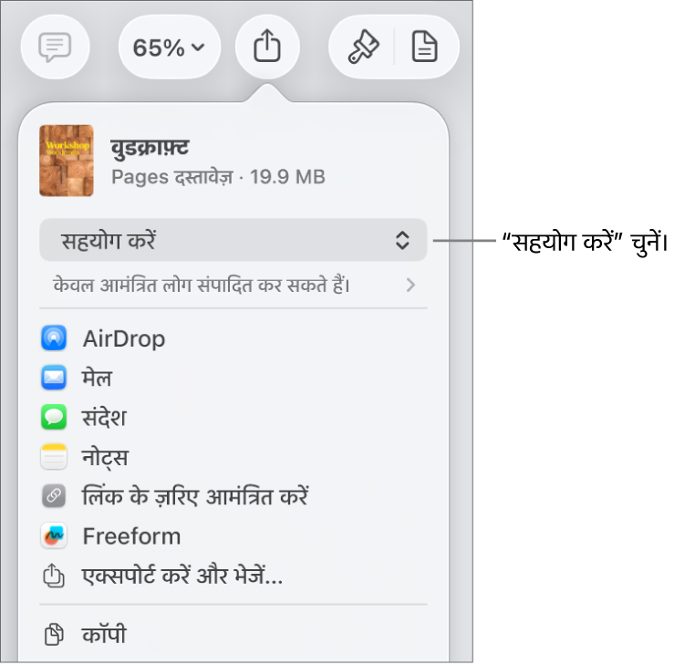 “शेयर करें” मेनू और शीर्ष पर “सहयोग करें” तथा नीचे ऐक्सेस और अनुमतियाँ चुनी हुई हैं।