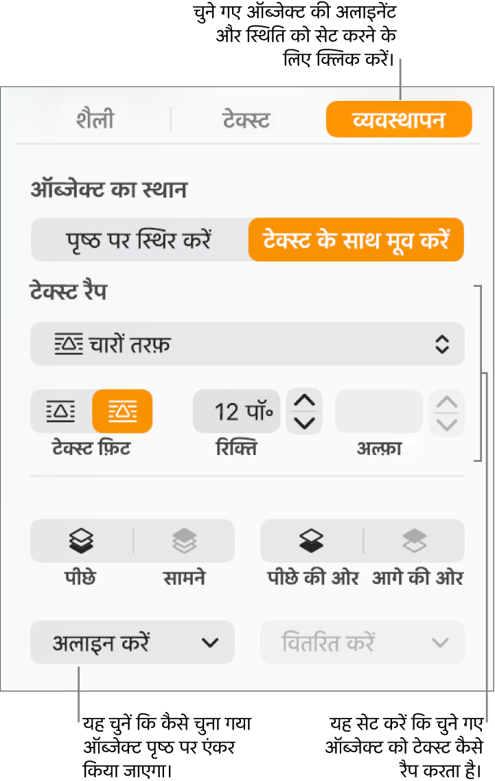 “व्यवस्थित करें” साइडबार प्रदर्शित करने वाला “फ़ॉर्मैट करें” मेनू। ऑब्जेक्ट प्लेसमेंट सेटिंग्ज़ “व्यवस्थित करें” साइडबार के शीर्ष पर हैं और उसके नीचे “टेक्स्ट रैप करें” सेटिंग्ज़ हैं।