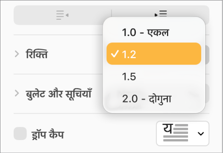 “एकल”, “डबल” और अन्य विकल्पों वाला “रिक्ति” पॉप-अप मेनू।