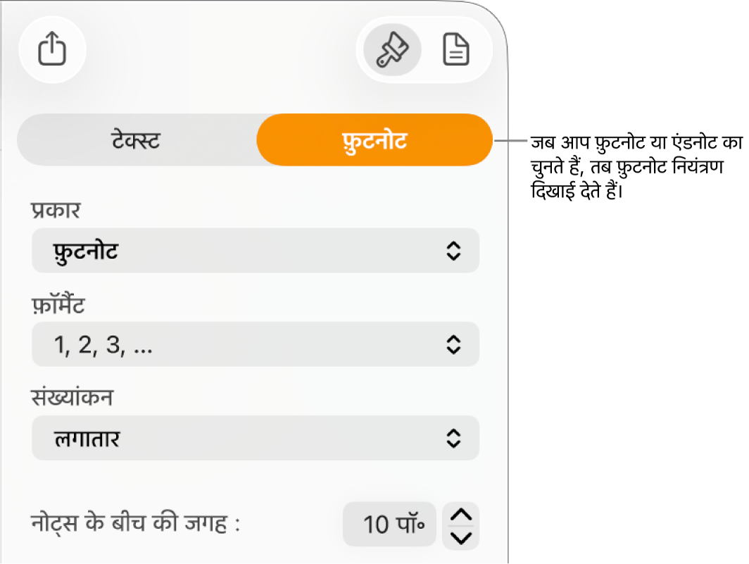 प्रकार, फ़ॉर्मैट, संख्यांकन और नोट्स के बीच की जगह के लिए पॉपअप मेनू दिखाती “फ़ुटनोट” पैन।