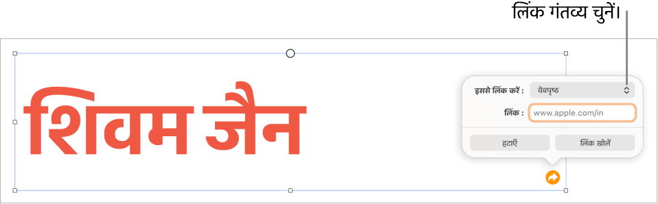 चुने गए वेबपृष्ठ के साथ लिंक संपादक नियंत्रण और सबसे नीचे “लिंक हटाएँ” और “लिंक खोलें” बटन।