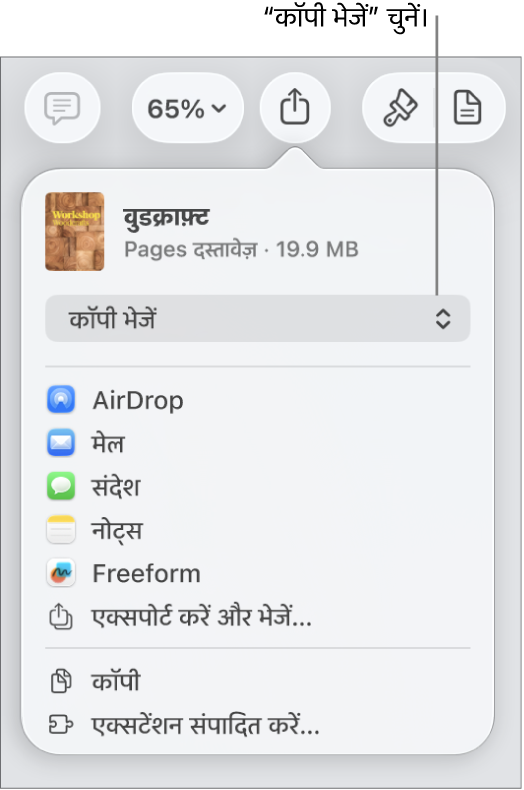 “शेयर करें” मेनू जिसके शीर्ष पर “कॉपी भेजें” चुना गया है।